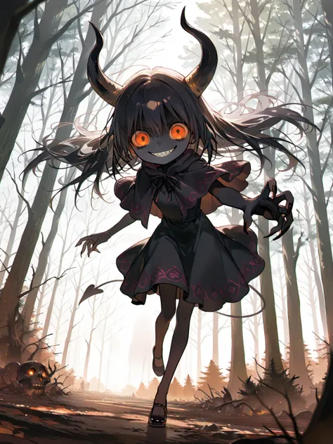 (solo:1.3), 1girl\(devil, beautiful, evil, (pure black skin),sharp teeth,cute,kawaii,big eyes,evil smile,(long nail),orange eyes,orange sclera, detailed pupils,wearing capelet\(very big,(very long),Tattered,(traditional_patterned:1.2),very detailed face,\)...