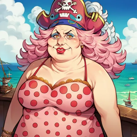 score_9, score_8_up, score_7_up, source_anime,
linlincharlotte, linlin charlotte, pink hair, orange eyes, fat, giant, lipstick, makeup,
hat, dress, jewelry, ring, polka dot, pink dress, pirate hat, skull and crossbones,
outdoors, ship, ocean, pirate ship,
...