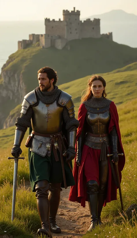 A strikingly handsome young Portuguese warrior and a breathtakingly beautiful, sexy, big boobs, Portuguese warrior maiden from the 13th century march forward with confidence, their gazes locked ahead with determination. Both are 20 years old, their feature...