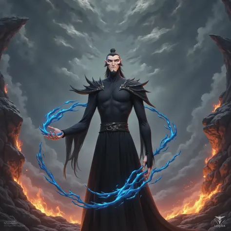 ( masterpiece, top quality:1.2), Game anime characters, alone,beard, Black Robe ,slim。Holding a blue whip in his hand。Kung Fu Action ,flame,cliff,Ominous clouds,Grand scene,Large game scene