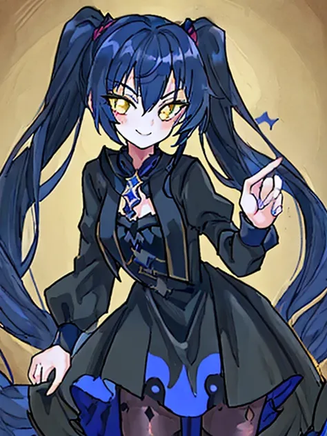 1 GIRL, DARK BLUE LONG TWIN TAIL HAIR, GOLDEN EYE, Elegant yet playful gothic dress mysterious yet lively charm expression is confident and mischievous, with a subtle smile. STANDING