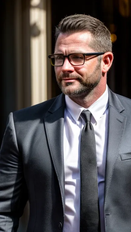 An award-winning original photo，A wild muscular man, (40 years old daddy:1.1), 1boy, Solo, (black suit), (white dress shirt), (red print necktie), black trouser, (big shoulders), musculature, stubbles, Short beard, (Detailed body), wearing glasses, slight ...