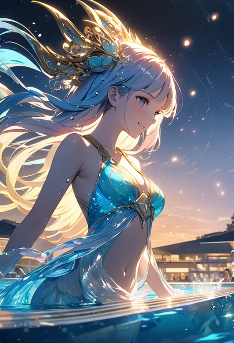 Create an image of a futuristic poolside where a water goddess appears, The goddess is formed entirely of shimmering glowing water, her body exuding a soft ethereal glow, She is gently smiling playing with light creating beautiful lines of light trails wit...