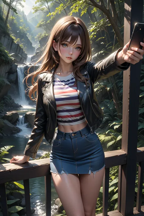 young woman , raising arm posed,  holding a smartphone, near railing, forest background, BREAK, (bang, long straight hair, brown hair), BREAK, ((black and white leather jacket, mulicolored striped on jacket), white round neck undershirt, (denim bucket penc...