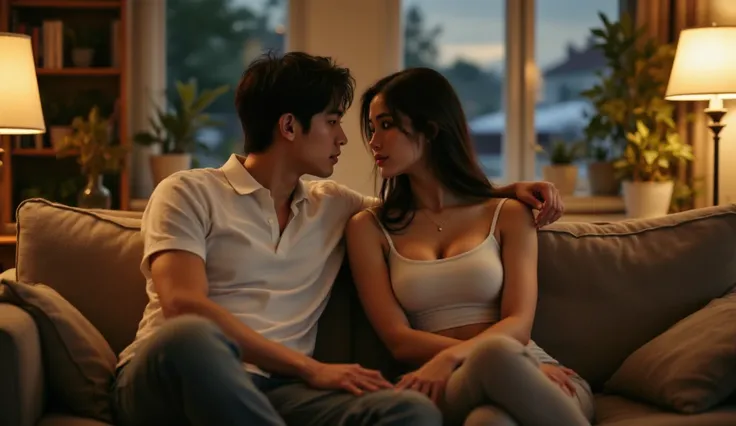 "Warm evening scene in the living room, with a male student, Lee Min Ho, 19 years old, wearing a white polo shirt, jeans, and a busty, Japanese, beautiful woman, Miyabi, a 40-year-old woman in stylish clothes, gray leggings, white crop top, sitting close t...