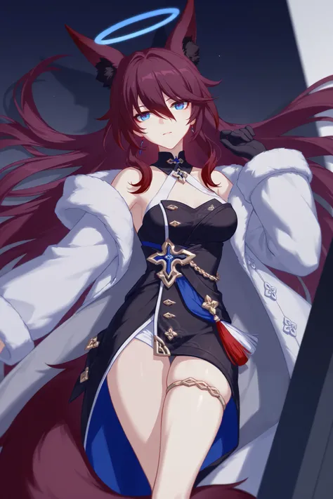  fox ears、dark red hair、 long hair、Fox Tail、midnight blue eyes、 best thighs、Honkai Impact 3、Feather、Halo、 beautiful skin、Clear shadows、front、 long coat