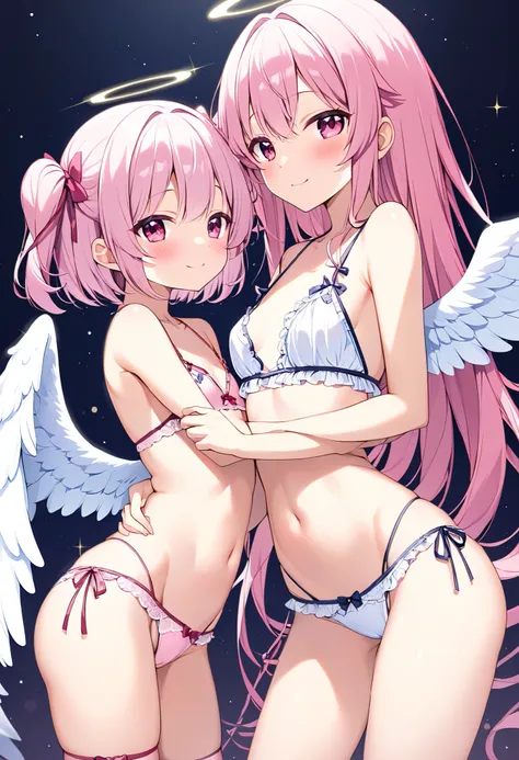 一人の girl、 pink hair、 pink eyes、 Wearing suke lingerie、 girl 、 Tiny Breasts 、 side twine、 Angel Wings、 girl 、 Tiny Breasts 、     has a bright smile、Good physique 、 flat chested 、 girl、 he's short、 thighs