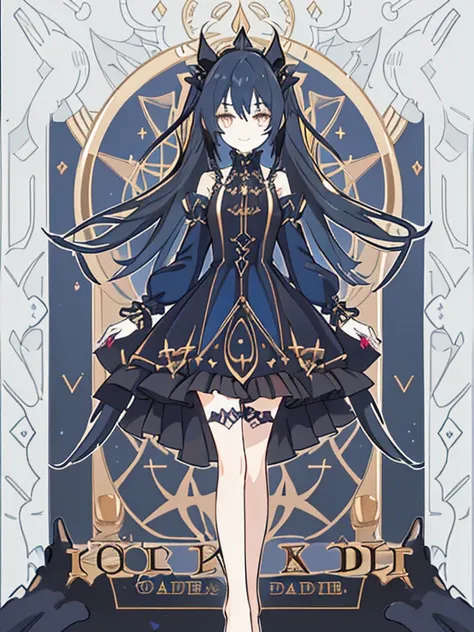 1 GIRL, DARK BLUE LONG TWIN TAIL HAIR, GOLDEN EYE, Elegant yet playful gothic dress mysterious yet lively charm expression is confident and mischievous, with a subtle smile. STANDING