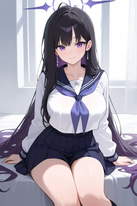 1 girl, Hair length reaches the back, Black hair and purple on the edges of the hair, purple eyes, but not bright, curvy body, wear a sexy school uniform, หน้าอกไซส์ปานกลาง, have a purple halo, have a silver earring