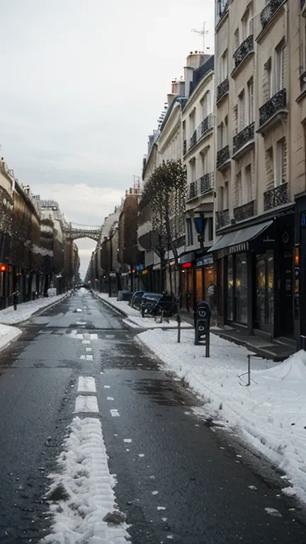 A dark, snowy Paris street with empty roads