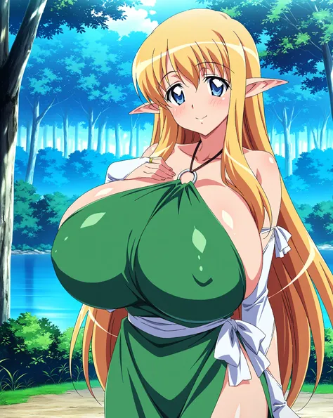 score_9, score_8_up, score_7_up, source_anime, anime coloring, anime screencap, 1 girl, alone, Tiffania Westwood (zero no tsukaima), elf, blonde hair, blue eyes, loving smile, white beautiful skin, gigantic breasts, standing, looking at viewer, slim body, ...