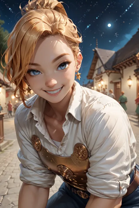 (( masterpiece,  rolled up , highest quality, image, complex details )),1young, smile,  armor ,golden hair, ponytail look,
night,starry sky,  depth of field , outside,