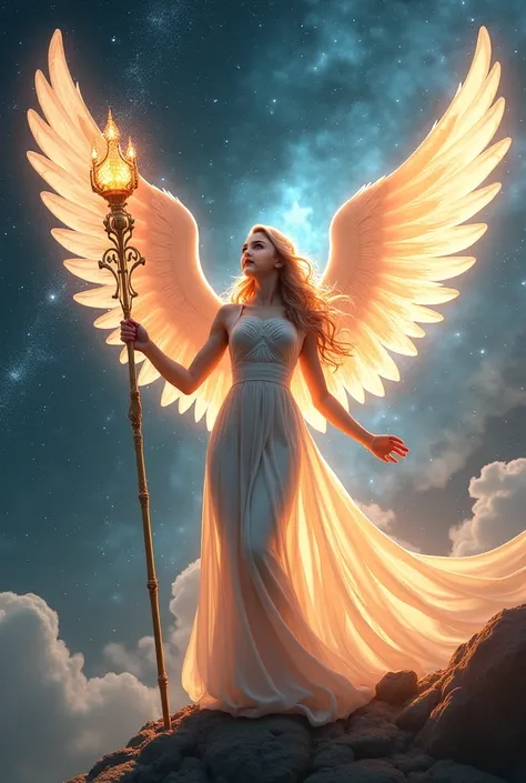 A beautiful yang winged woman is standing on the universe with her magic stick 