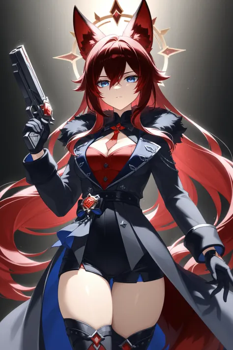  fox ears、dark red hair、 long hair、Fox Tail、midnight blue eyes、 best thighs、 Genshin、Feather、Halo、 beautiful skin、Clear shadows、front、 long coat.gun