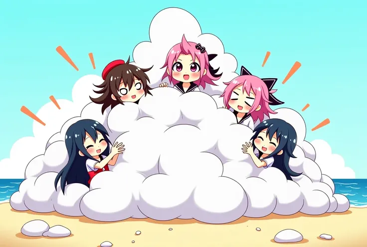 An anime-style illustration depicting many pirates-girls playfully wrestling with each other inside a island comical fight cloud.
each pirates-girl has different colored hair.
their faces,hands,and feet are visible emerging from the cloud as they tussle hu...