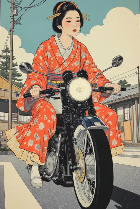 Ukiyo-e style, A maiko in a kimono is riding on a motorcycle, Ukiyoe on Japanese paper, Kimono, flat color anime, ff-fbs, headshot, (upper body, half body photo, closeup shot).