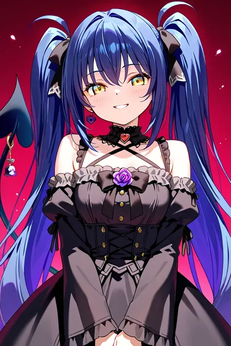 1 GIRL, DARK BLUE LONG TWIN TAIL HAIR, GOLDEN EYE, Elegant yet playful gothic dress mysterious yet lively charm expression is confident and mischievous, with a subtle smile. STANDING