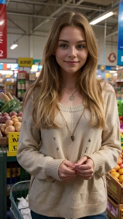 photo of a young blonde girl, early 20s, with long blonde hair, wearing a wool sweater, buying groceries in a crowded supermarket, happy face, necklace, slightly smiling, (masterpiece, best quality, high quality), hyperdetailed, highres, intricate detail, ...