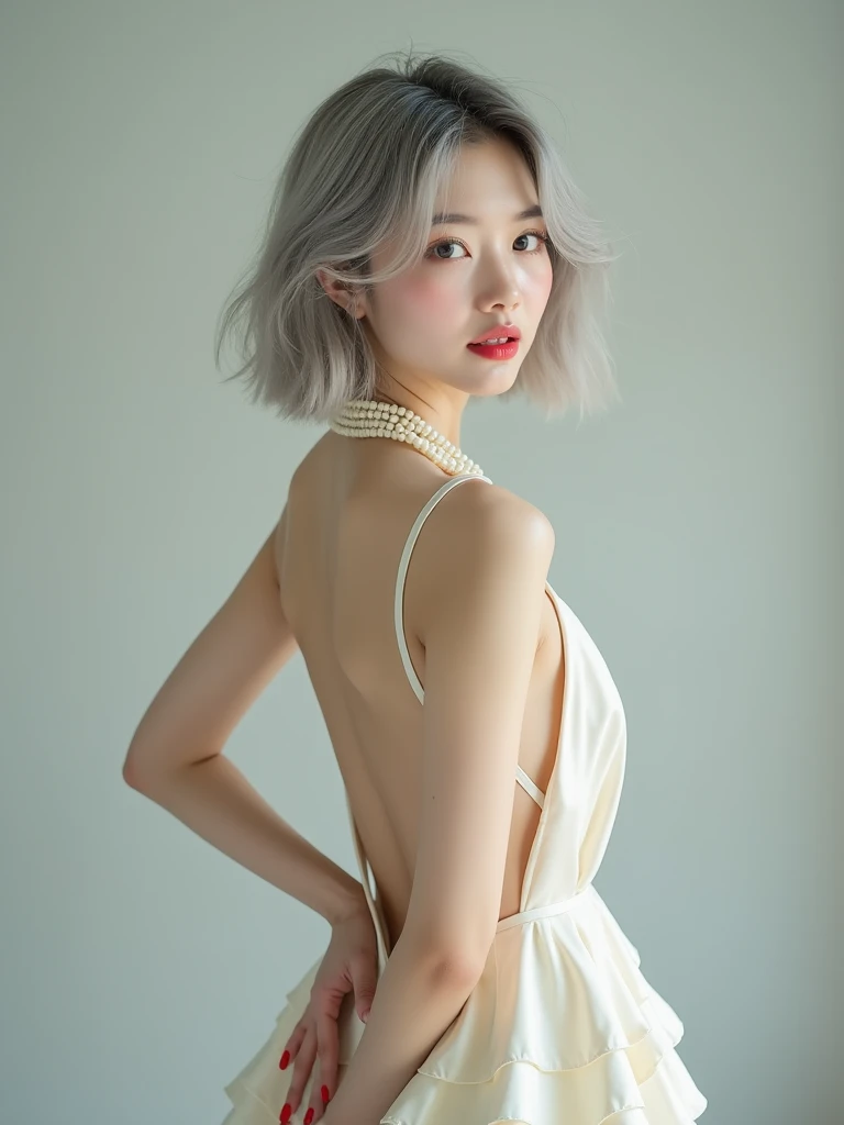 (8k,  photorealistic, Original photo,  best image quality: 1.4), beautiful Japanese idol style girl ,18 years old, model,1 person,( short bob),( Silver Hair), she hangs her hair over her ears , clear gray eyes , long lashes,Cute, well-shaped ears ,(piercin...