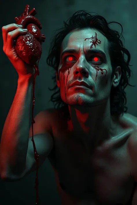 A serial killer with red eyes and light scratches on his face, holding the heart of his worst enemy in his hand and squeezing it, blood dripping down his face but heart is bloodied 