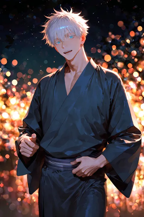 1boy, solo, male focus, gojou satoru (jujutsu kaisen), sexy man, intricate male kimono, night, stars, bokeh, masterpiece, best quality, amazing quality, very aesthetic, absurdres, modern, recent, newest