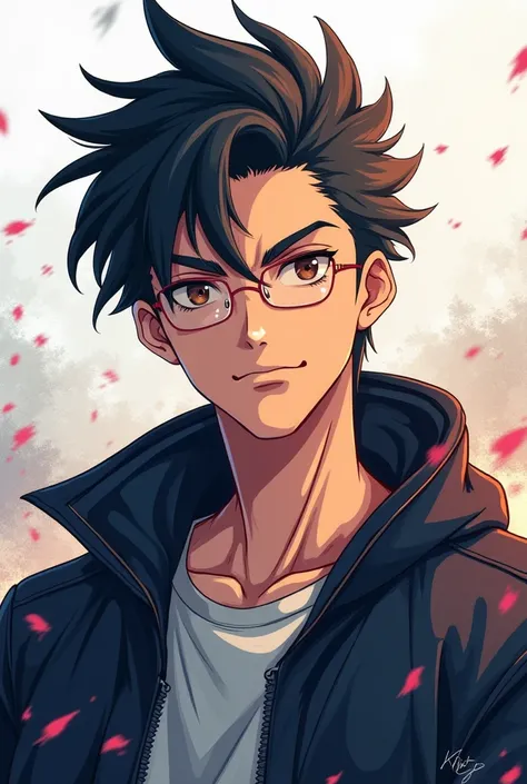 "Create an anime-style portrait of a strong and inspirational male character. The character should have a confident, determined expression, with dark hair styled in a sleek, modern way. He should be wearing a casual but stylish outfit, possibly a jacket or...