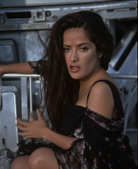 subtle grain, cinematic quality, professional portrait of salma hayek, dress, makeup, black hair, fine art photography, film still, movie scene, outdoors, smile, gorgeous latina goddess salma, on futuristic spaceship, tight space uniform, deep cleavage, pe...