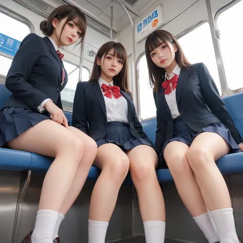 ((head out of frame)), Japanese high school girl, 3 girls,   black blazer, white blouse, a ribbon, too short pleated skirt, white sox, loafers, brown hair, middle breast, sitting on train seat, wide hip, thick thigh, focused on   (little visible panties:0....