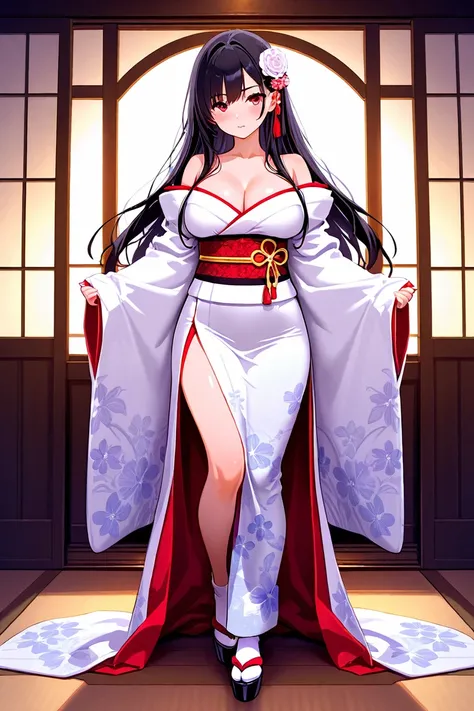 8k,masterpiece, best quality, ultra detailed, high resolution, super fine illustration, 1girl, solo, red eyes, black hair, long hair, breasts, Japanese clothes, kimono,obi, fullbody, looking at viewer,