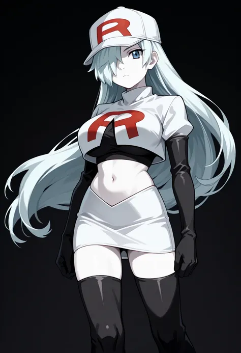 masterpiece, best quality, solo, 1girl, ull96, white skin, expressionless, looking at viewer, long hair, white hair, hair over one eye, baseball cap, flat cap, blue eyes, team rocket,team rocket uniform,white skirt,red letter R,crop top,black thigh-highs,b...