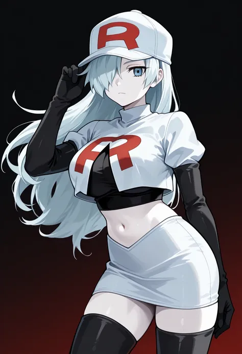 masterpiece, best quality, solo, 1girl, ull96, white skin, expressionless, looking at viewer, long hair, white hair, hair over one eye, baseball cap, flat cap, blue eyes, team rocket,team rocket uniform,white skirt,red letter R,crop top,black thigh-highs,b...