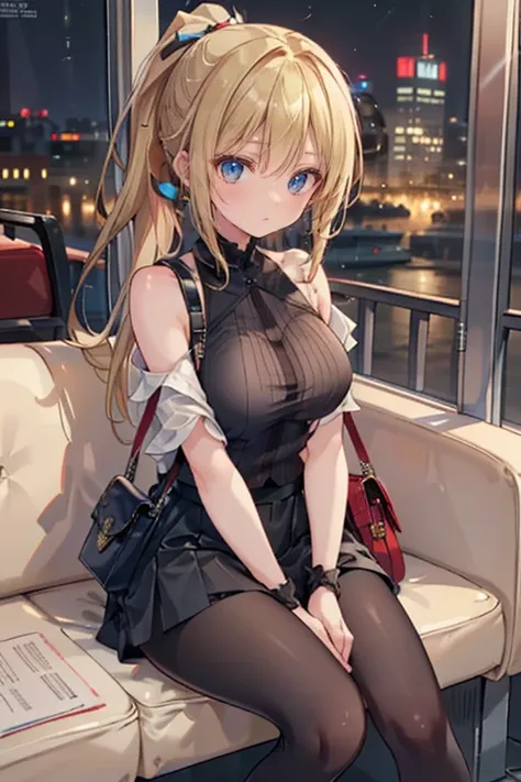 high resolution,8k, very detailed, top quality, Masterpiece, woman(160cm tall,gal,(blonde hair, ponytail),blue eyes ,medium breast),( black suit ,  tight skirt,  black tights ,  black shoulder bag ), evening, Tram,sleepy, Seated 