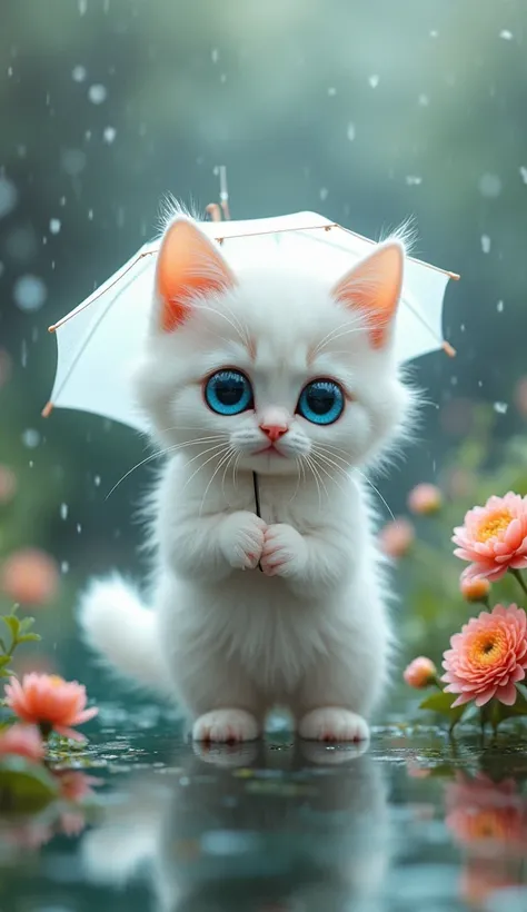 "A tiny, adorable white cat with long, fluffy fur and big, sparkling blue eyes, holding a small white umbrella in its paws. The scene is set in a gentle rain, with soft droplets falling around. The cat stands near a beautiful, serene pond surrounded by vib...