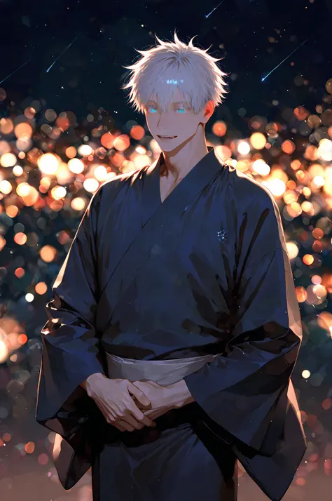 nyalia, 1boy, solo, male focus, gojou satoru (jujutsu kaisen), sexy man, intricate male kimono, night, stars, bokeh, masterpiece, best quality, amazing quality, very aesthetic, absurdres, modern, recent, newest