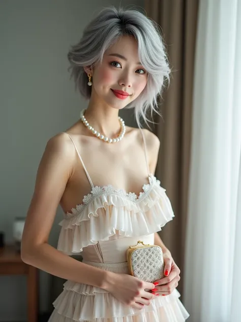 (8k,  photorealistic, Original photo,  best image quality: 1.4), beautiful Japanese idol style girl ,18 years old, model,1 person,( short bob),( Silver Hair), she hangs her hair over her ears , clear gray eyes , long lashes,Cute, well-shaped ears ,(piercin...