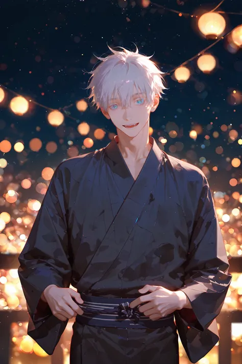 ask \(askzy\), 1boy, solo, male focus, gojou satoru (jujutsu kaisen), sexy man, intricate male kimono, night, stars, bokeh, masterpiece, best quality, amazing quality, very aesthetic, absurdres, modern, recent, newest