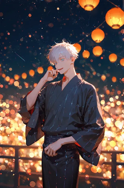 ask \(askzy\), 1boy, solo, male focus, gojou satoru (jujutsu kaisen), sexy man, intricate male kimono, night, stars, bokeh, masterpiece, best quality, amazing quality, very aesthetic, absurdres, modern, recent, newest