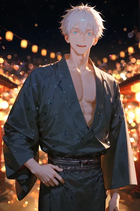 ask \(askzy\), 1boy, solo, male focus, gojou satoru (jujutsu kaisen), sexy man, intricate male kimono, night, stars, bokeh, masterpiece, best quality, amazing quality, very aesthetic, absurdres, modern, recent, newest