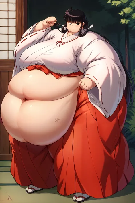 Kikyou, black eyes, black hair,long hair, hair pulled back, skirt, long sleeves, japanese clothes, hakama, hakama skirt, miko, red hakama, large breasts, looking at viewer, fat, chubby, obese, gigantic arms and legs, gigantic arms and legs, morbidly obese,...