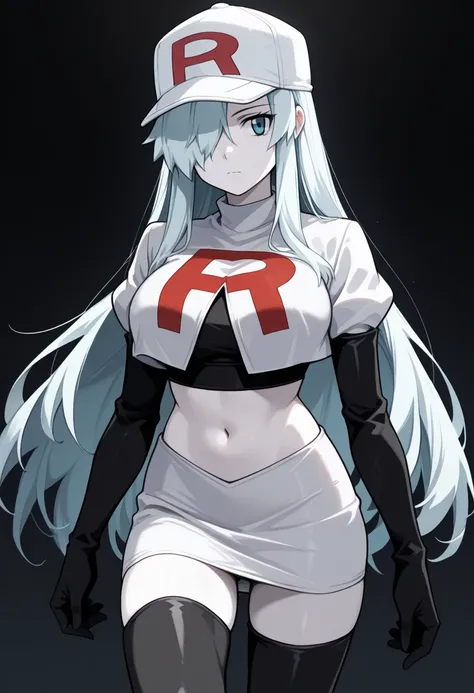 masterpiece, best quality, solo, 1girl, ull96, white skin, expressionless, looking at viewer, long hair, white hair, hair over one eye, baseball cap, flat cap, blue eyes, team rocket,team rocket uniform,white skirt,red letter R,crop top,black thigh-highs,b...