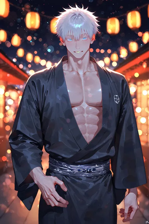 eonsang, 1boy, solo, male focus, gojou satoru (jujutsu kaisen), sexy man, intricate male kimono, night, stars, bokeh, masterpiece, best quality, amazing quality, very aesthetic, absurdres, modern, recent, newest