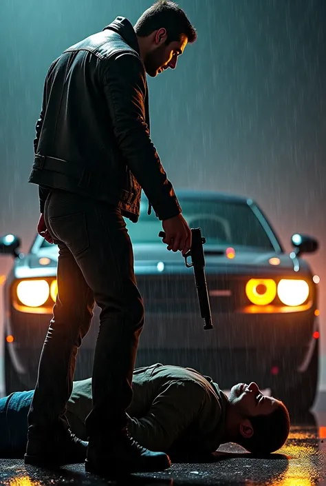 Our leather-jacketed character extends a gun to the enemy lying on the ground as he stands on a rainy day illuminated by the headlights of his Dodge Challenger, drawing blood from the enemy's nose