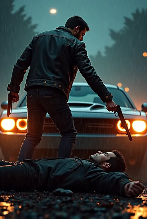 Our leather-jacketed character extends a gun to the enemy lying on the ground as he stands on a rainy day illuminated by the headlights of his Dodge Challenger, drawing blood from the enemy's nose