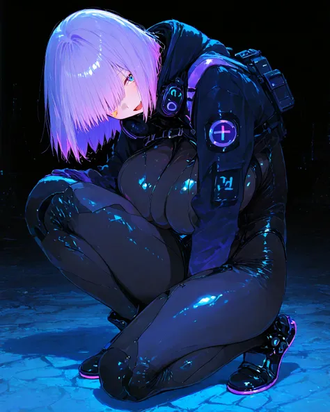     8k wallpaper、 cute poster 、    Masterpiece、最 high quality 、      high quality 、      high detail、  very aesthetic 、      absurd、    latest、   headphones、 purple hair、      short hair、     plug suit     、   cyber shoes、  under bob    、      very big bre...