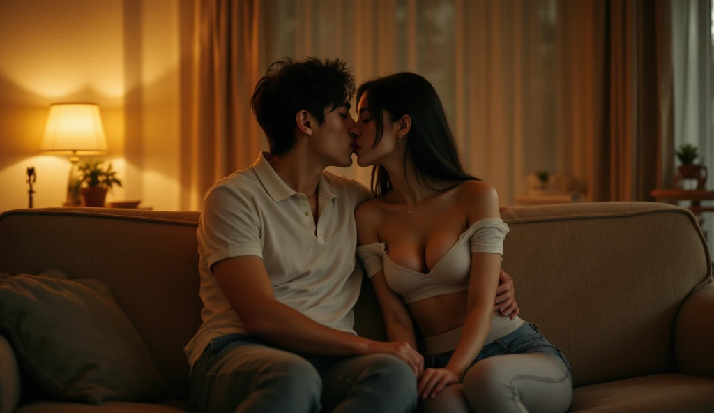 “A warm evening scene in the living room, with a male student, Lee Min Ho, 19 years old, wearing a white polo shirt, jeans, and a busty, beautiful Japanese woman, Miyabi, a 40 year old woman in stylish clothes, gray leggings, white crop top, sitting close ...