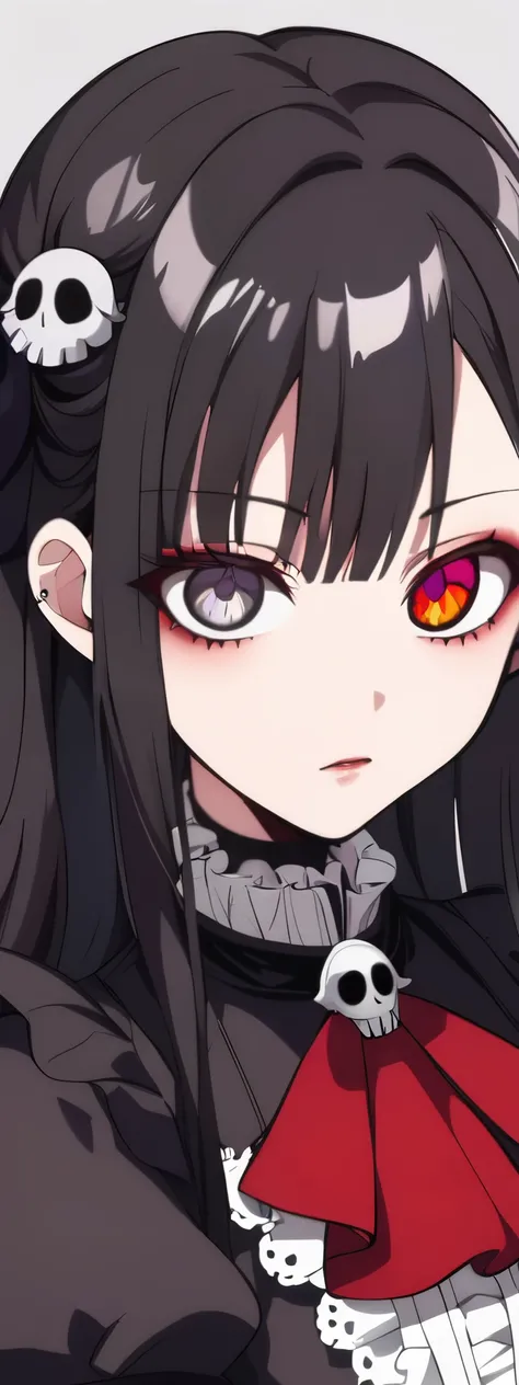 1girl, Long Hair, gothic girl, one red eye, one gray eye, gothic uniform, Skull Hair Ornament, Makeup, Heterochromia, black hair, 