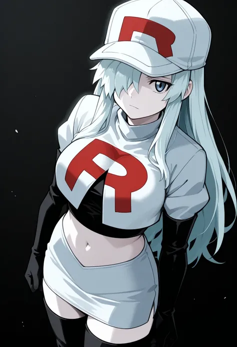 masterpiece, best quality, solo, 1girl, ull96, white skin, expressionless, looking at viewer, long hair, white hair, hair over one eye, baseball cap, flat cap, blue eyes, team rocket,team rocket uniform,white skirt,red letter R,crop top,black thigh-highs,b...