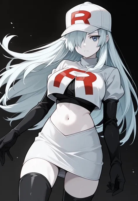 masterpiece, best quality, solo, 1girl, ull96, white skin, expressionless, looking at viewer, long hair, white hair, hair over one eye, baseball cap, flat cap, blue eyes, team rocket,team rocket uniform,white skirt,red letter R,crop top,black thigh-highs,b...