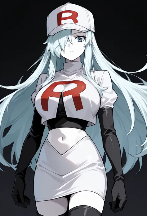 masterpiece, best quality, solo, 1girl, ull96, white skin, expressionless, looking at viewer, long hair, white hair, hair over one eye, baseball cap, flat cap, blue eyes, team rocket,team rocket uniform,white skirt,red letter R,crop top,black thigh-highs,b...