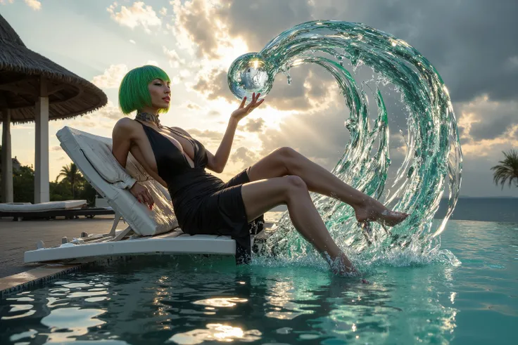 a cute woman Tatsumaki of 'one punch man' fame (sexy venera, age 20, iconic green hairdo, iconic slinky form fitting black dress, bare feet), she is lounging poolside on a poolside furniture, she is relaxed but flexing her power casually controlling an swi...